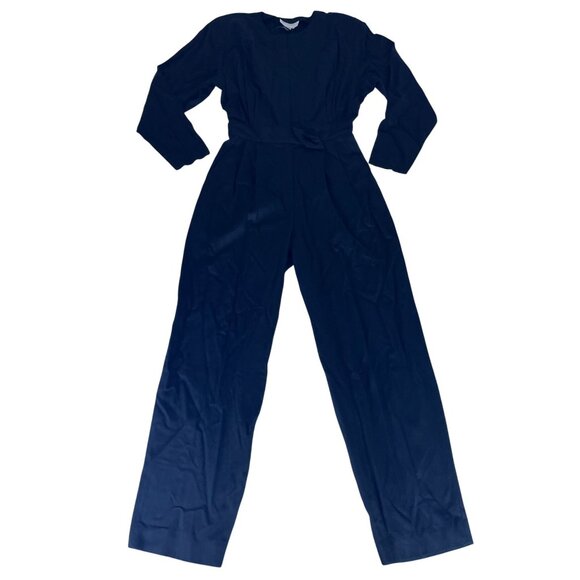 EJ Harper Rayon One Piece Jumpsuit Women's 8 Black Shoulder Pads Button Zipper